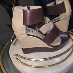 KORS Michael Kors Brown and Cream Wedge Sandals